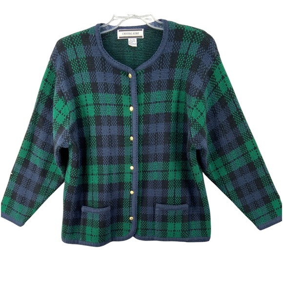Crystal-Kobe Sweaters - VTG Crystal Kobe Cardigan Womens Sz XL Blue Green Plaid Button‎ Front Sweater